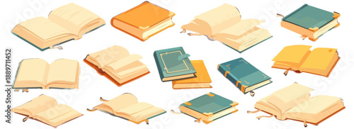 Kolekcja otwartych i zamkniętych książek w różnych stylach i kolorach, z przezroczystością.