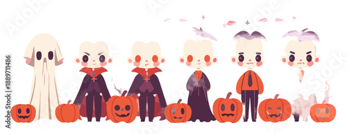 Urocza ilustracja na Halloween z duchami, wampirami i dyniami, idealna do projektów.