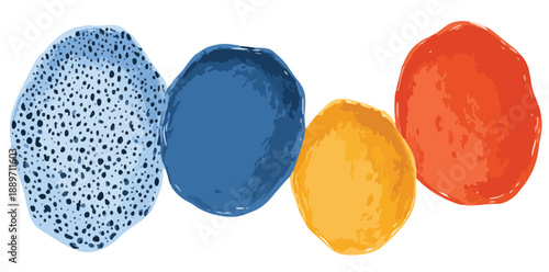 Abstrakcyjne, kolorowe plamy o nieregularnych kształtach na białym tle, przezroczyste.