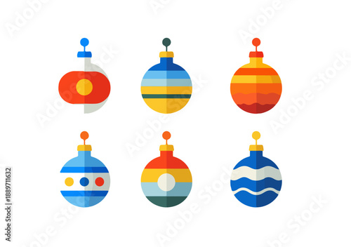 Zestaw sześciu ozdób choinkowych w stylu płaskiego designu z przezroczystym tłem, ilustracja wektorowa.