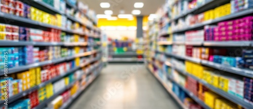 Blurred pharmacy aisle with medicine shelves, drugstore interior background