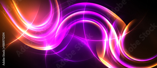 Abstract swirls, vibrant orange, purple hues dominate black background. Dynamic energy radiates from flowing lines, creating luminous effect.
