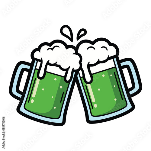 Two green beer mugs with foam clinking together for st patricks day