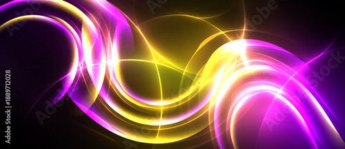 Abstract swirls, vibrant colors, dynamic energy. Purple, yellow glows create flowing patterns, dark background enhances luminosity.