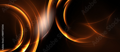 Abstract design features glowing orange curves against dark background. Dynamic lines create energy, warmth, visual interest.