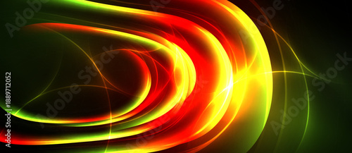 Abstract vibrant energy flows. Red, yellow, green hues blend, creating dynamic light patterns against dark background. Smooth curves dominate composition.