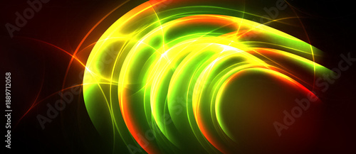 Bright abstract lines create swirling energy. Vivid colors blend, forming dynamic visual impact. Dark background emphasizes luminosity.