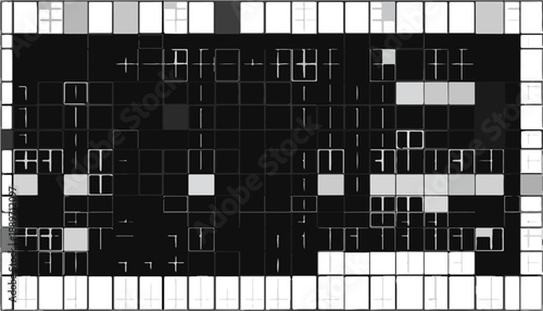 Abstrakcyjna kompozycja z przezroczystymi kwadratami i liniami na czarnym tle