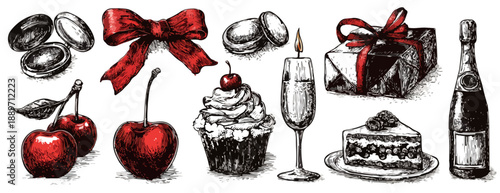 Ilustracja szkicowa elementów świątecznych: wiśnie, babeczka, tort, szampan, prezent, wstążka i świeca