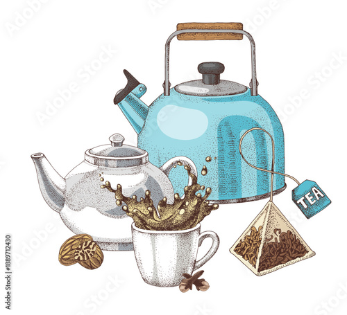Tea time sketched vector illustration