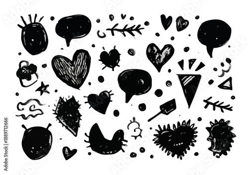 Zestaw ręcznie rysowanych, czarnych elementów graficznych na przezroczystym tle: serca, chmurki, symbole.