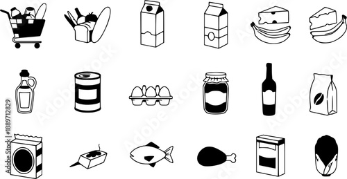 Grocery Shopping Icons Food Items Collection.