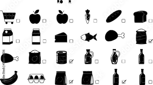 Grocery Shopping Icons Representing Food Items and Cart.