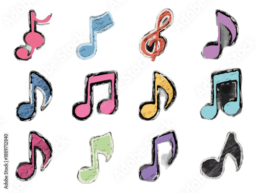 Kolorowe nuty muzyczne na przezroczystym tle, ręcznie rysowane elementy graficzne do projektów