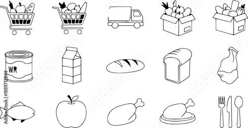 Grocery Shopping Icons Set Food Delivery Transportation.