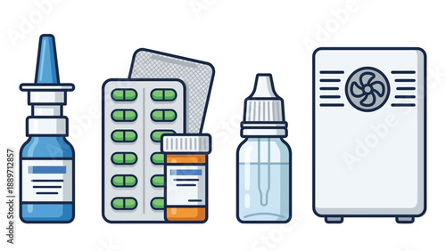 Illustration of various medical supplies including nasal spray, pills, eye drops, and an air purifier for health and allergy relief.