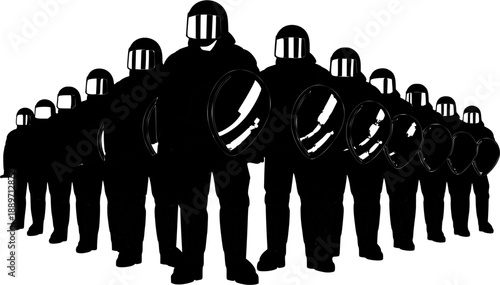 Group of riot police officers in formation.