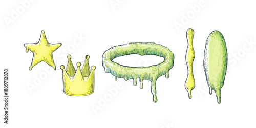 Zestaw przezroczystych, zielonych i żółtych elementów graficznych: gwiazda, korona, aureola, patyk i owal.