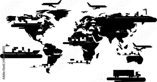 Global Transportation Network World Map Silhouette.