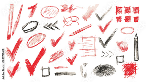 Kolekcja ręcznie rysowanych symboli i znaków, takich jak zaznaczenia, ołówki i kształty, na białym tle.