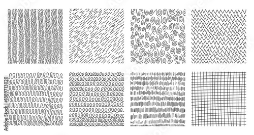 Pencil drawn crosshatch pattern collection with scribble techniques set. Textured line work creates shading depth. Ideal for hand-sketched background and artistic pencil illustration.