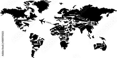 Global travel airplane route across world map illustration.