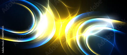 Bright abstract lines intersect. Yellow, white, blue hues create dynamic energy. Dark background emphasizes glowing curves.