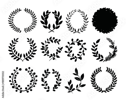 Zbiór sylwetek wieńców laurowych i gałązek, idealny do projektów graficznych i ozdobnych.