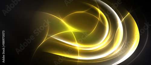Bright yellow swirls dominate dark background. Smooth curves create dynamic, flowing abstract design. Light radiates, forming elegant pattern.