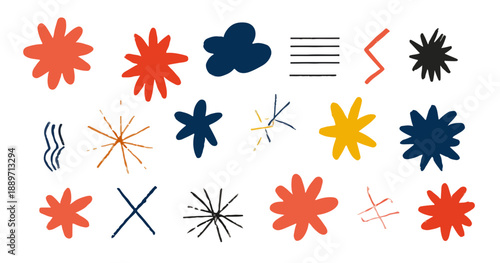 Zestaw abstrakcyjnych, ręcznie rysowanych kształtów i symboli w jasnych kolorach na przezroczystym tle.