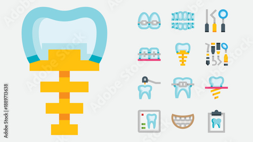 Dental surgery and dentistry procedure icons set
