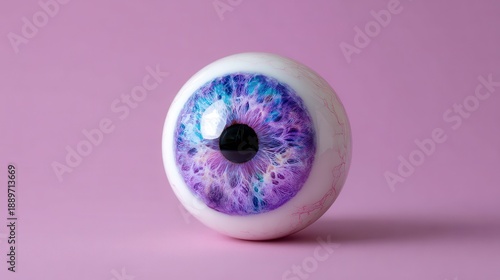Colorful Realistic Eye Sculpture with Purple Irises Against a Soft Pink Background