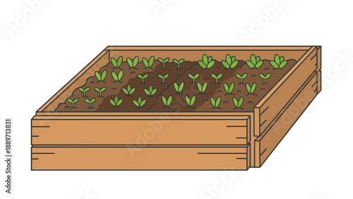 A simple illustration of a raised garden bed filled with soil and various young green plants growing.