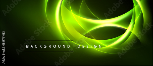 Bright green neon lines swirl over dark background. Text reads background design. Modern abstract illumination concept.