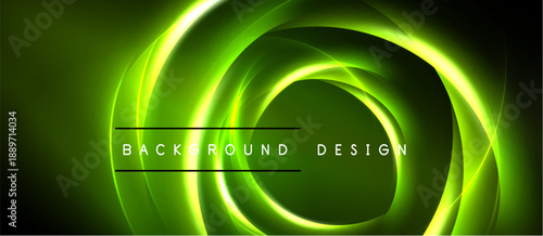 Bright green neon swirls create dynamic abstract background. Text reads background design centered within glowing shapes.