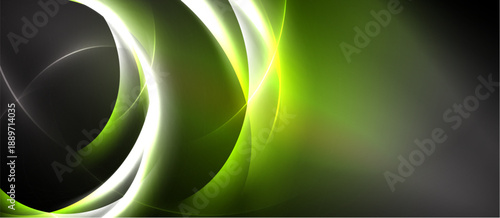 Abstract design features flowing curves, vibrant green hues, dark shadows, bright white highlights. Modern aesthetic, dynamic composition.