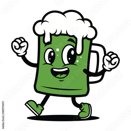 A cheerful green cartoon beer mug character running with a big smile on its face