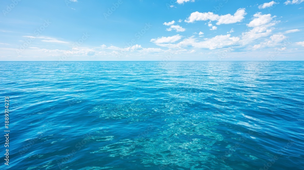 Fototapeta premium Expansive View of Calm Ocean Waters Under a Bright Blue Sky with Fluffy White Clouds