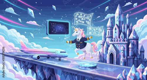 Fantasy scene with unicorn on bridge towards castle