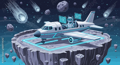 Futuristic airplane on a floating platform in space