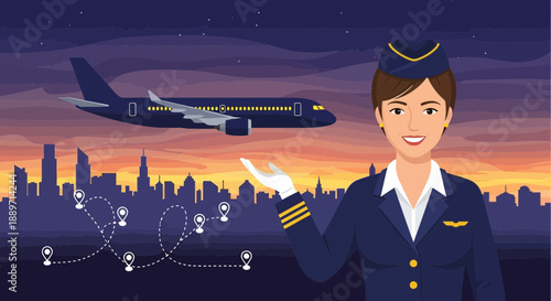 Friendly flight attendant presenting travel opportunities