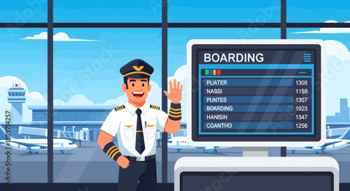 Friendly pilot greeting passengers at airport gate