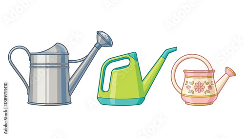 Three distinct watering cans, including a classic metal, a modern plastic, and a decorative floral design, arranged side by side on a white background.