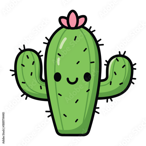 A cute cartoon cactus with a pink flower on top smiling happily