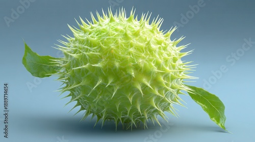 Closeup of Unique Green Spiky Botanical Structure with Leaves Against a Light Blue Background
