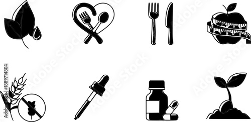 Health and Wellness Icons Representing Nutrition and Care.