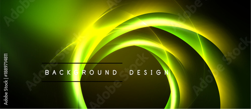 Abstract neon lines form circular shapes. Dark background emphasizes vibrant green glow, creating modern design element.