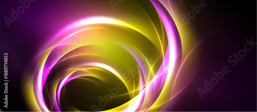 Abstract swirls, vibrant colors, dynamic energy. Purple, gold hues blend, creating luminous effect. Modern design, captivating visuals.