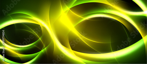 Abstract design features glowing yellow, green swirls. Dark background emphasizes bright, dynamic shapes. Energetic composition creates visual interest.
