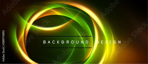Abstract neon swirls, vibrant green, orange hues. Dark background emphasizes glowing circular design. Text reads background design.